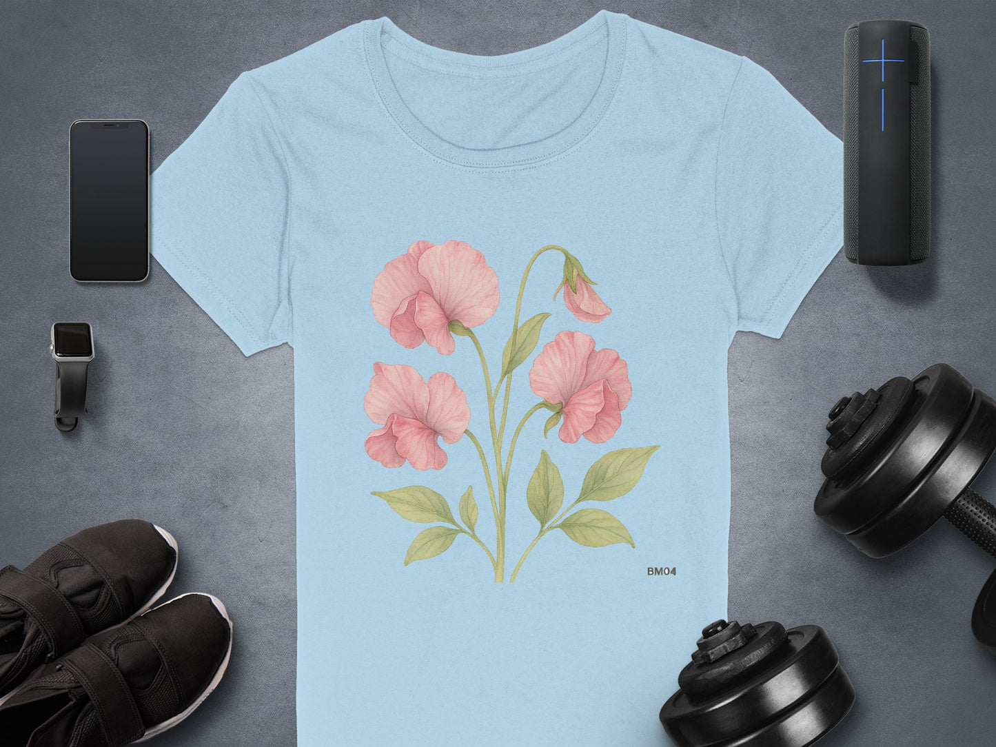 Delicate Floral Illustration Printed on Light Blue T-Shirt Product Type