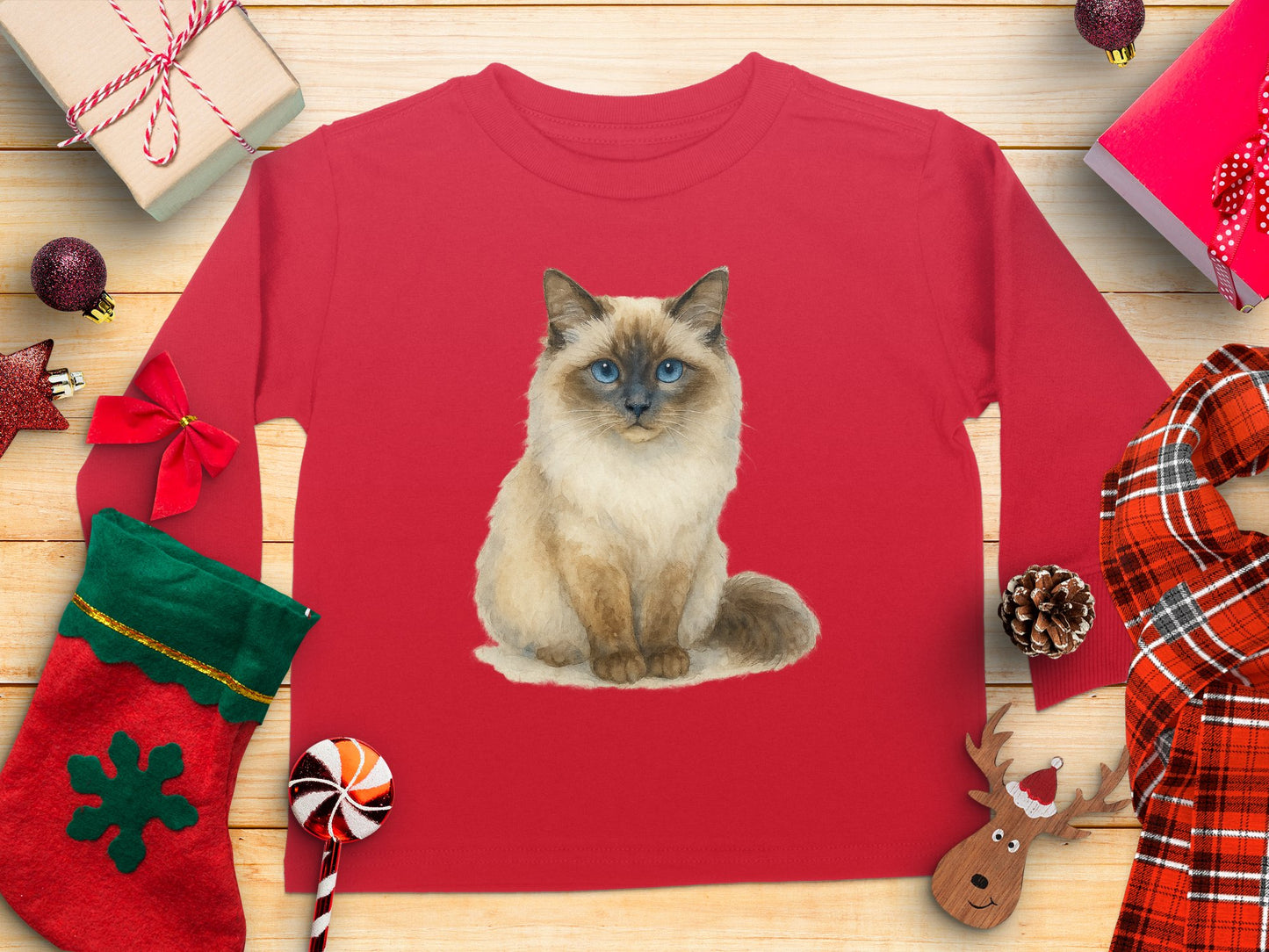Cute Cat Illustration Red Kids Long-Sleeve Shirt product type