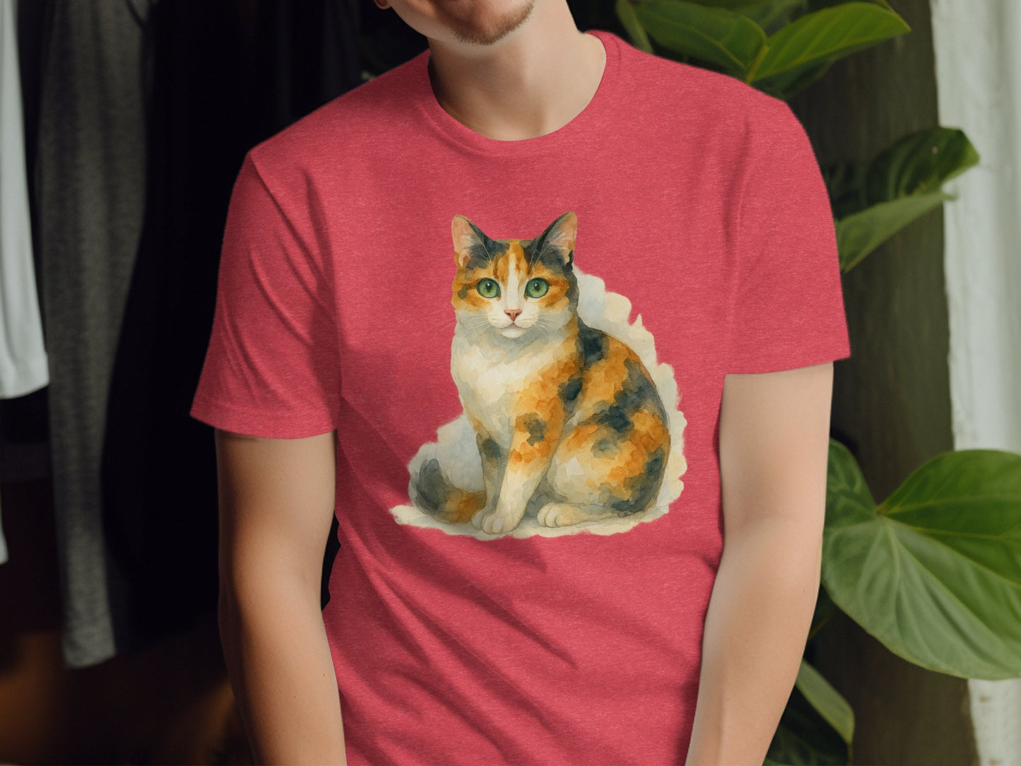 Cute Multicolor Cat Design on Red T-Shirt product type