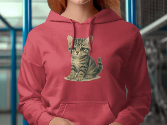 Cozy Cute Kitten Print Red Hoodie product