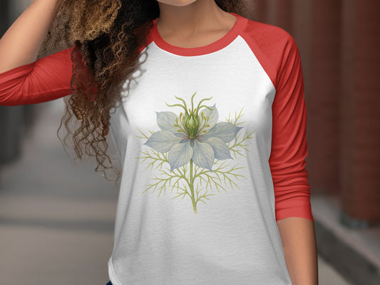 Elegant Floral Graphic Design on Raglan Sleeve Product