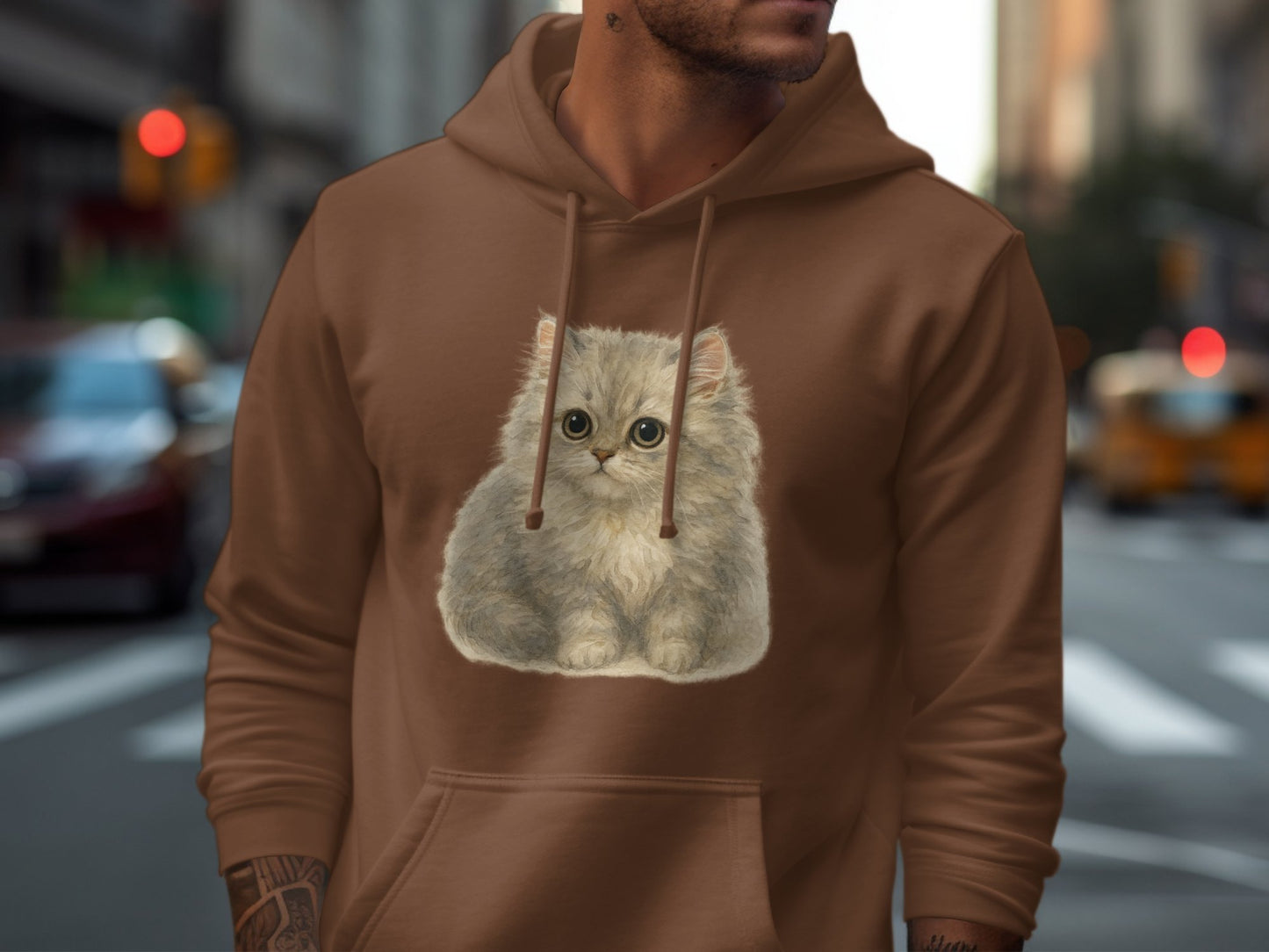 Adorable Fluffy Kitten Print on Brown Hoodie product type