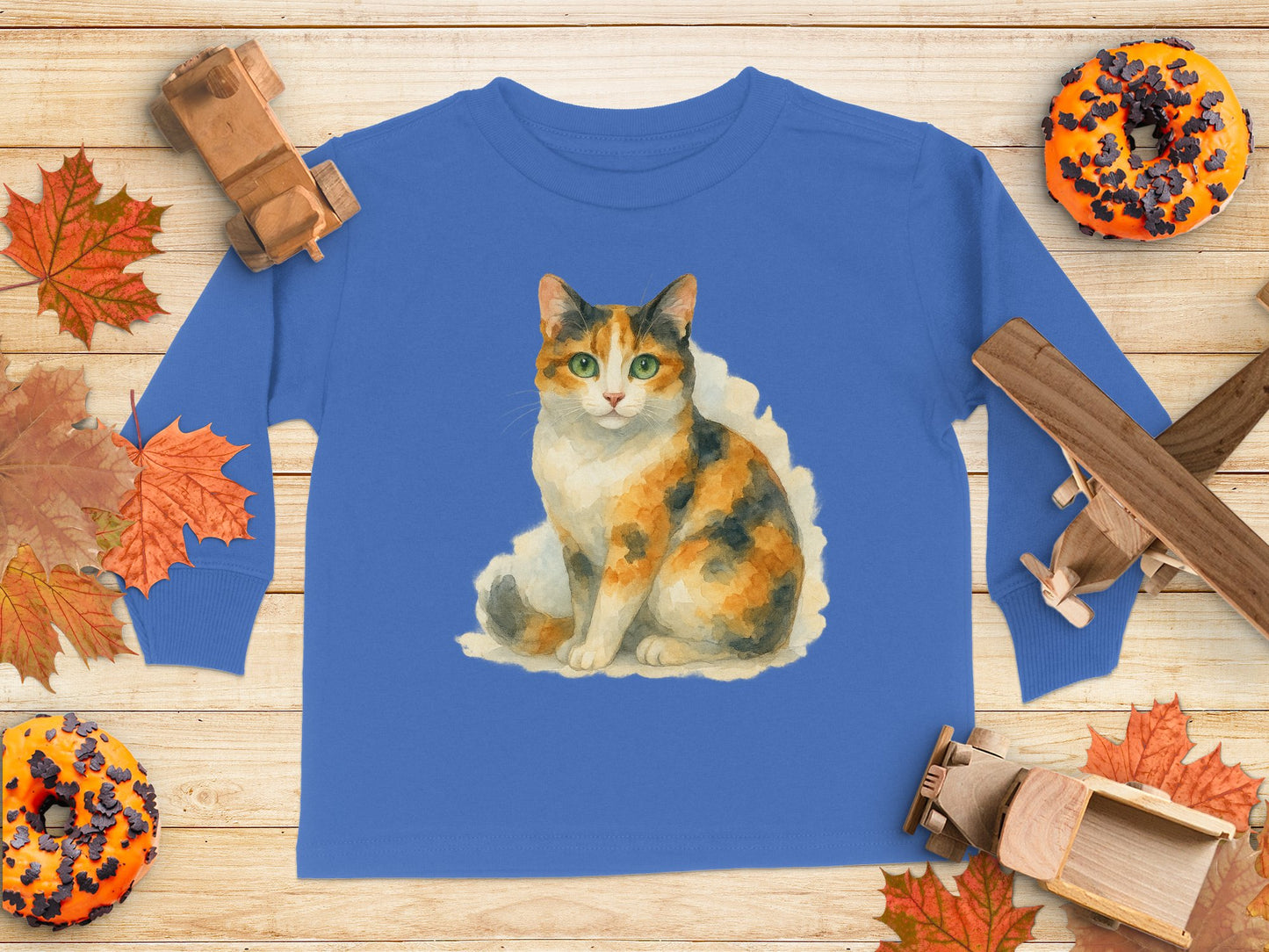 Adorable Calico Cat Illustration Blue Long Sleeve product type