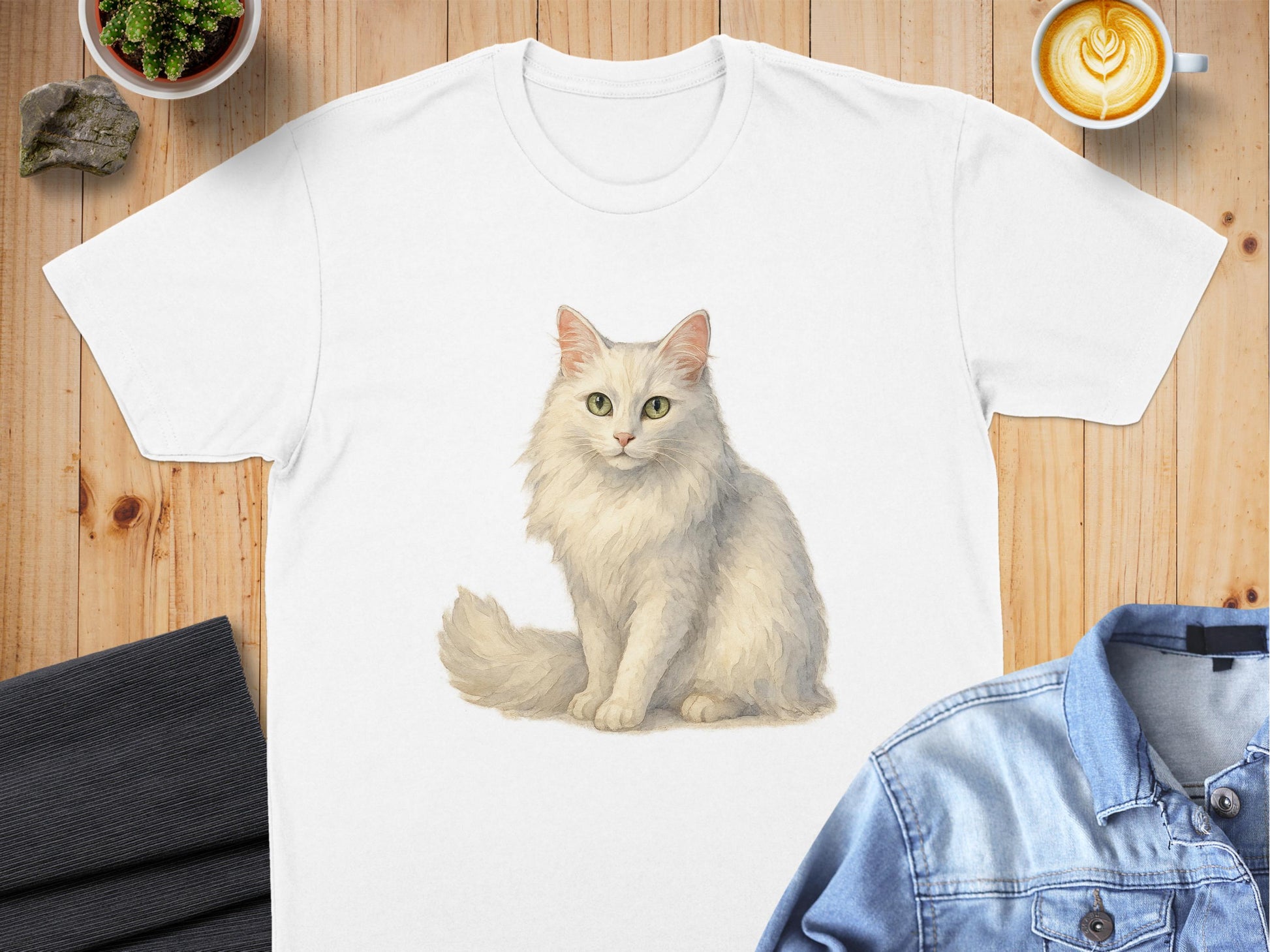 Cute Fluffy White Cat Design on Comfortable Shirt product type