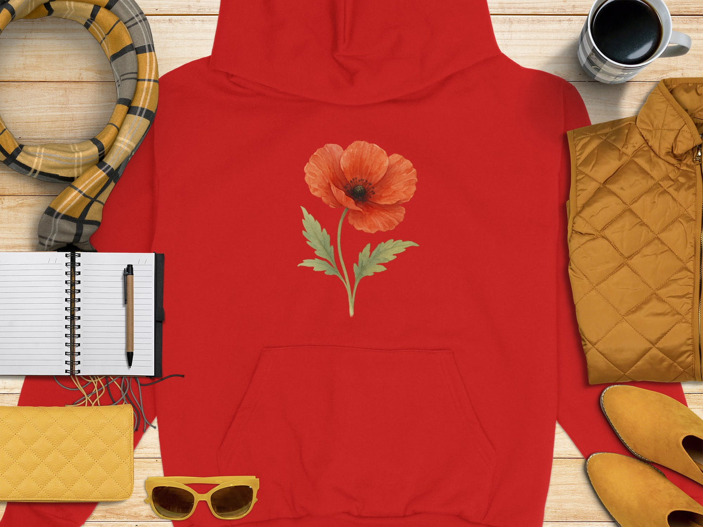 Cozy Red Hoodie with Beautiful Poppy Flower Design product type
