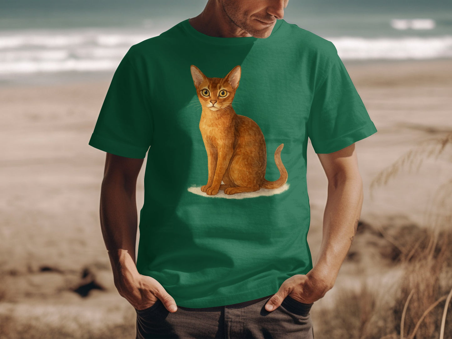 Green T-Shirt with Cat Illustration graphic product type