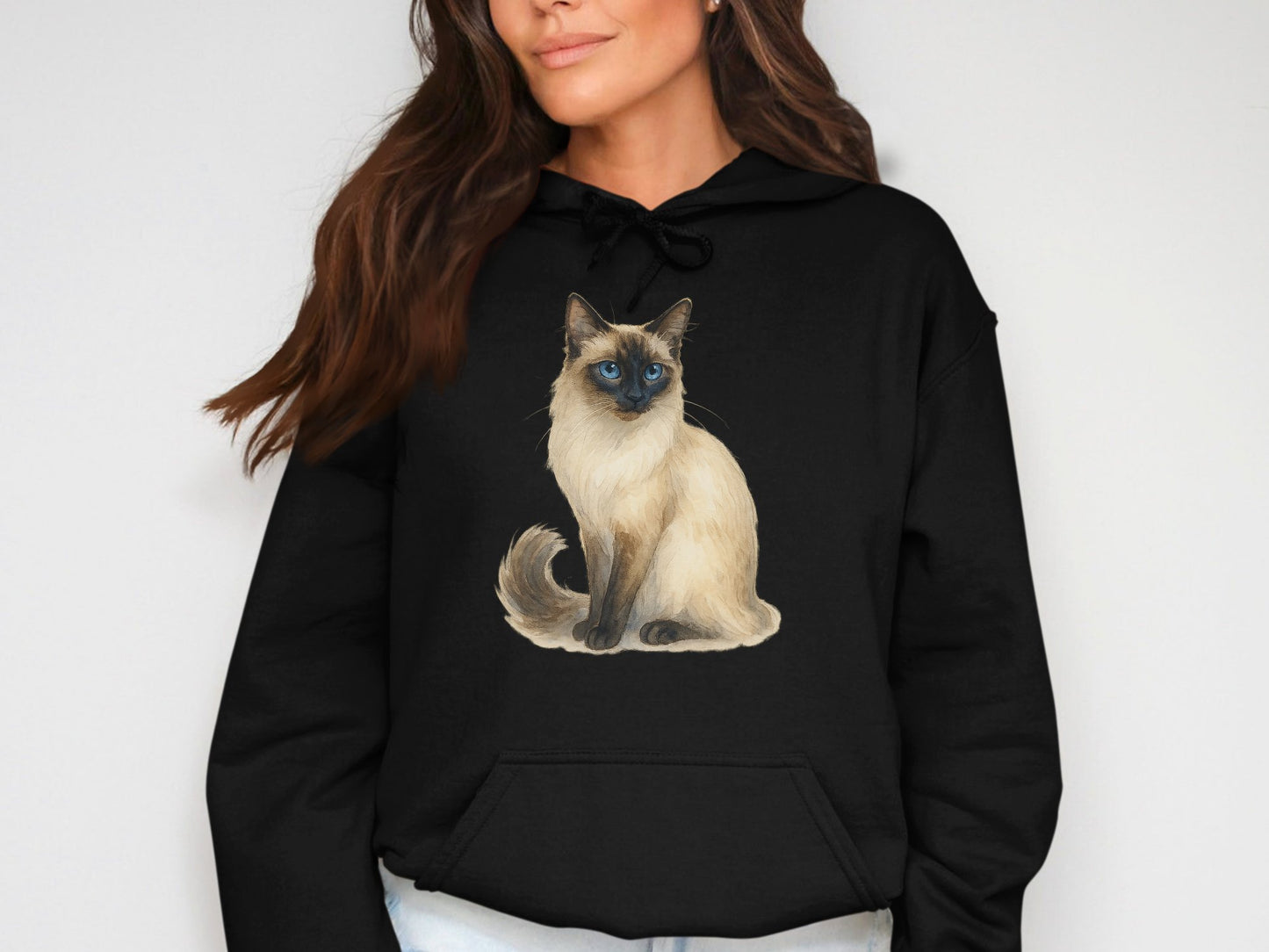 Elegant Siamese Cat Art on Black Hoodie product