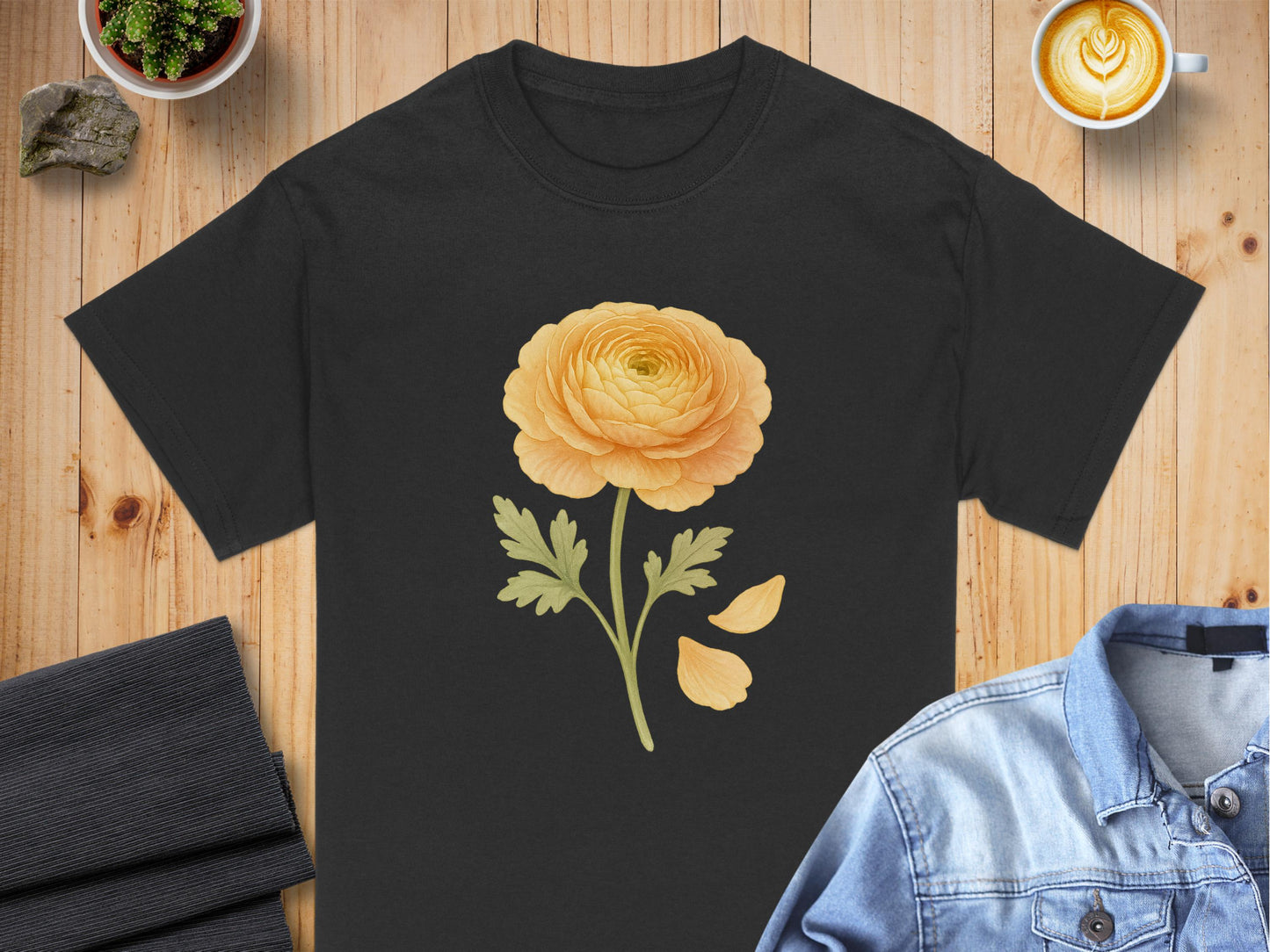 Yellow Flower Graphic Art on Black Background T-Shirt Product