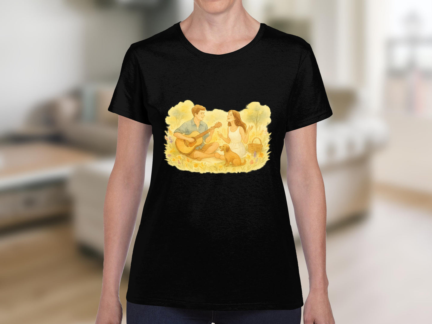 Couple Playing Guitar with Dog Black T-Shirt product