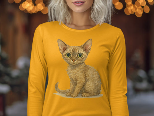 Cute Wide-Eyed Cat Design Yellow Long Sleeve Shirt product type