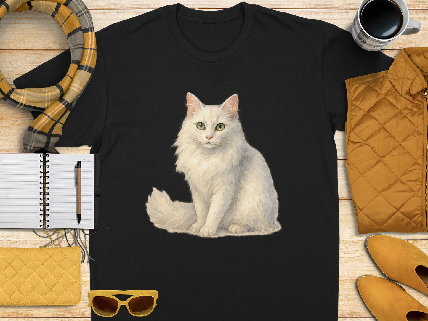Adorable White Cat Graphic on Black T-Shirt product