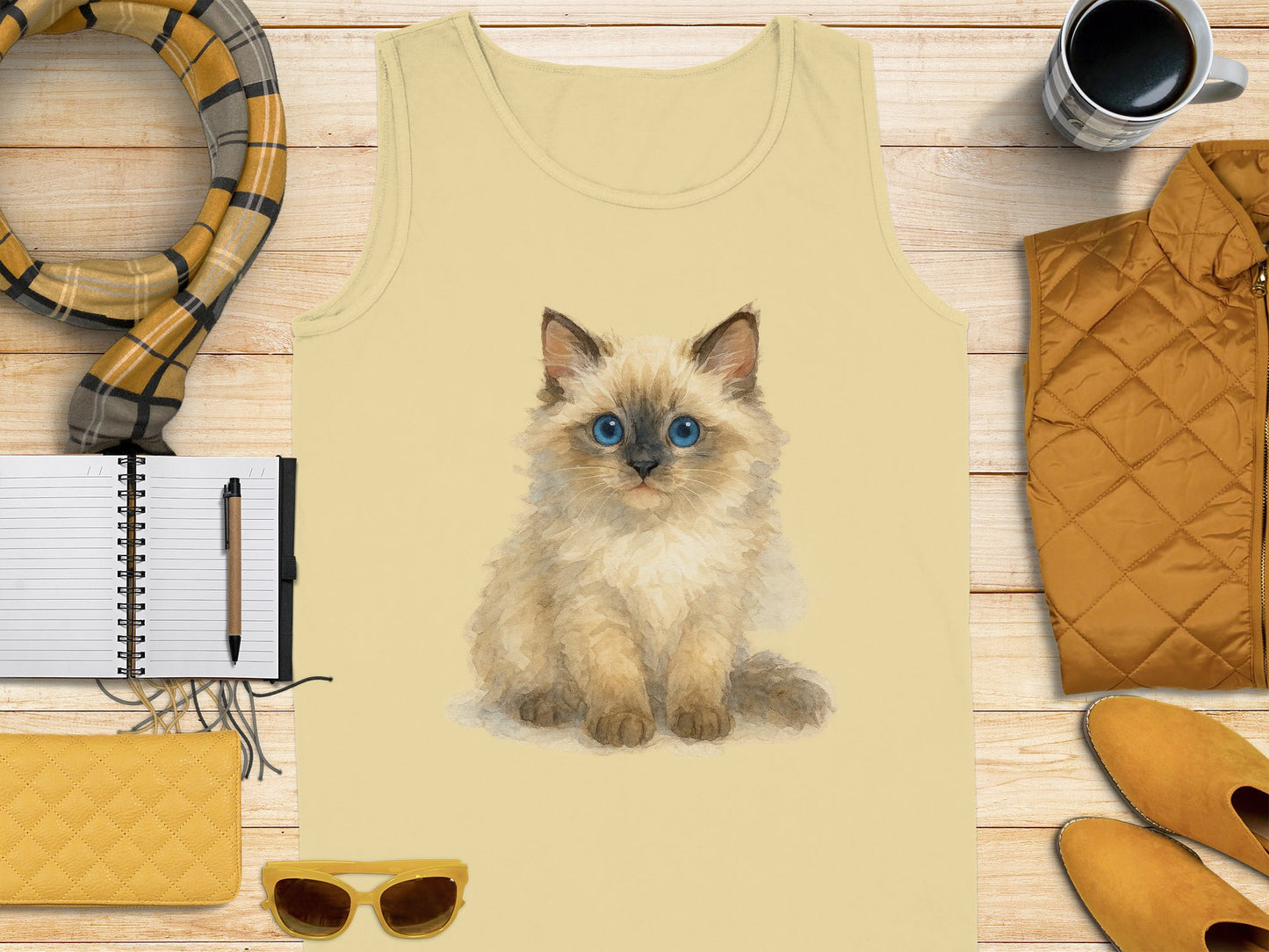 Fluffy Blue-Eyed Kitten Print on Beige Tank Top product type