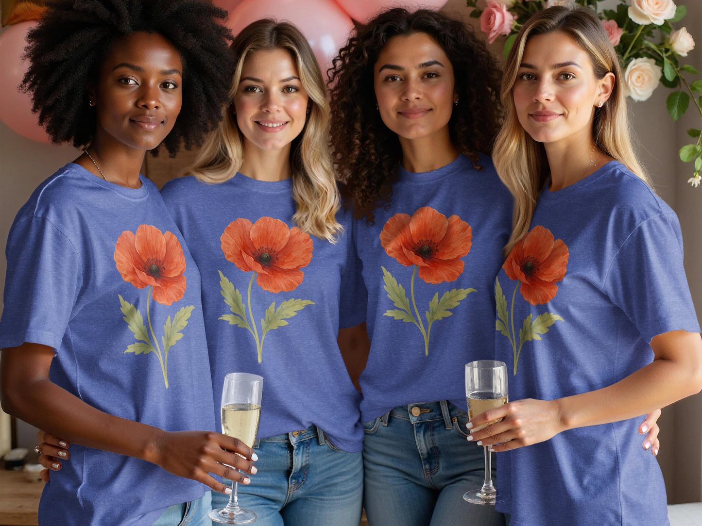 Beautiful Blue T-Shirts with Red Floral Design product type