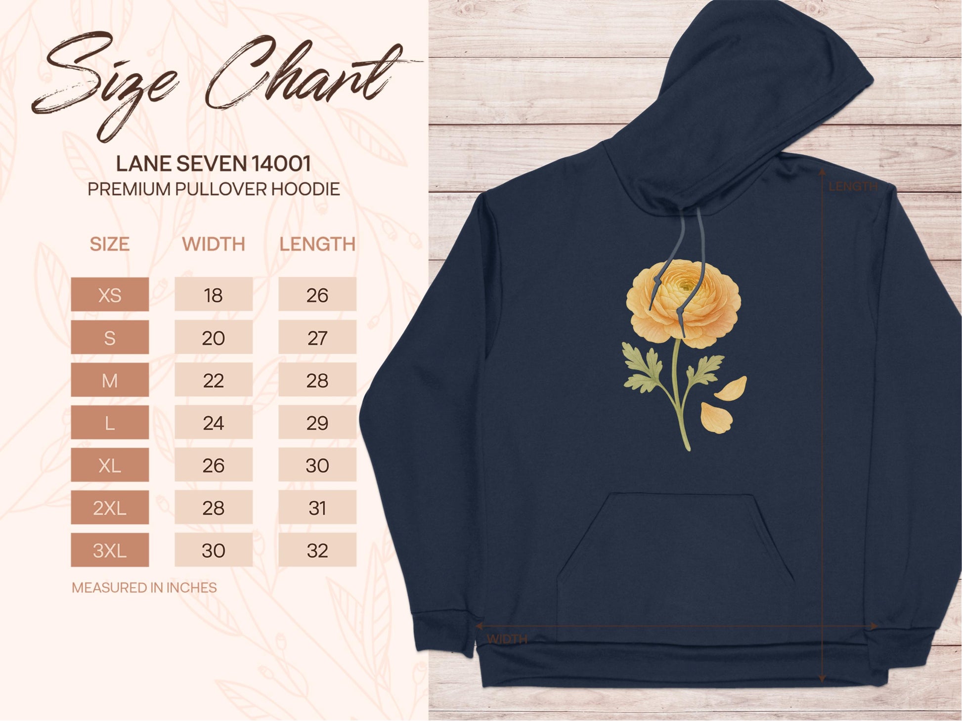 Floral Premium Pullover Hoodie with Size Chart product type