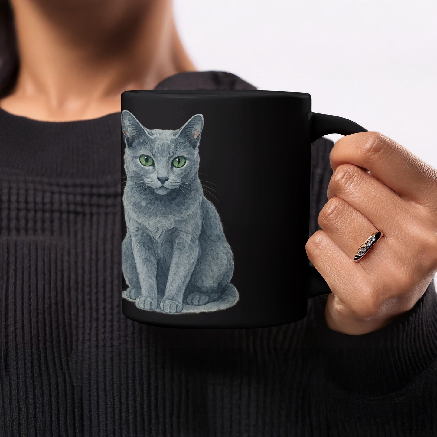 Green Eyed Gray Cat Design on Black Mug product