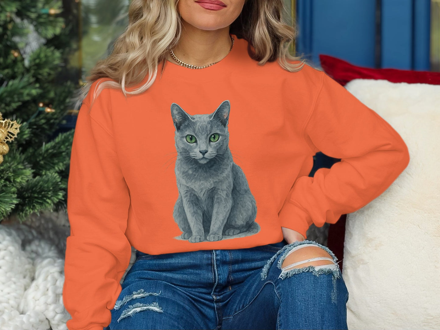 Cute Gray Cat Print on Orange Long Sleeve product