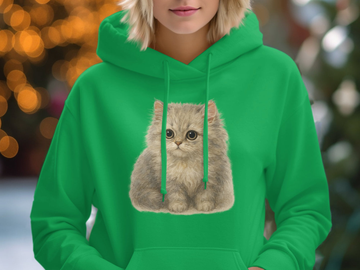 Cute Fluffy Cat Printed Design Green Hoodie product
