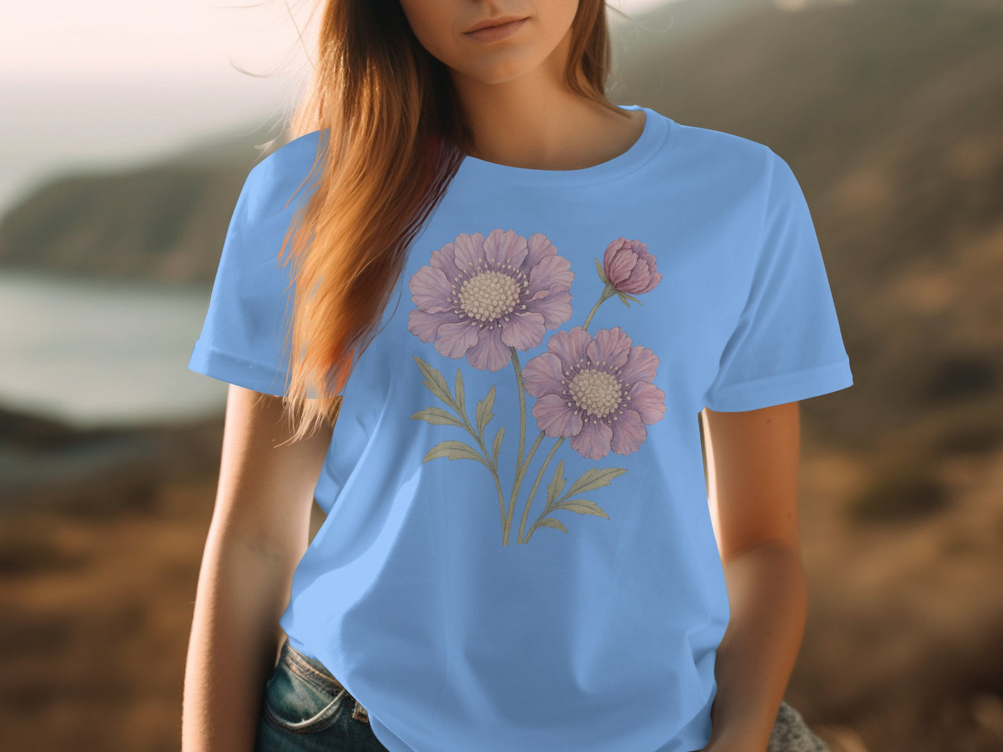 Beautiful Blue Tee with Purple Floral Design product type