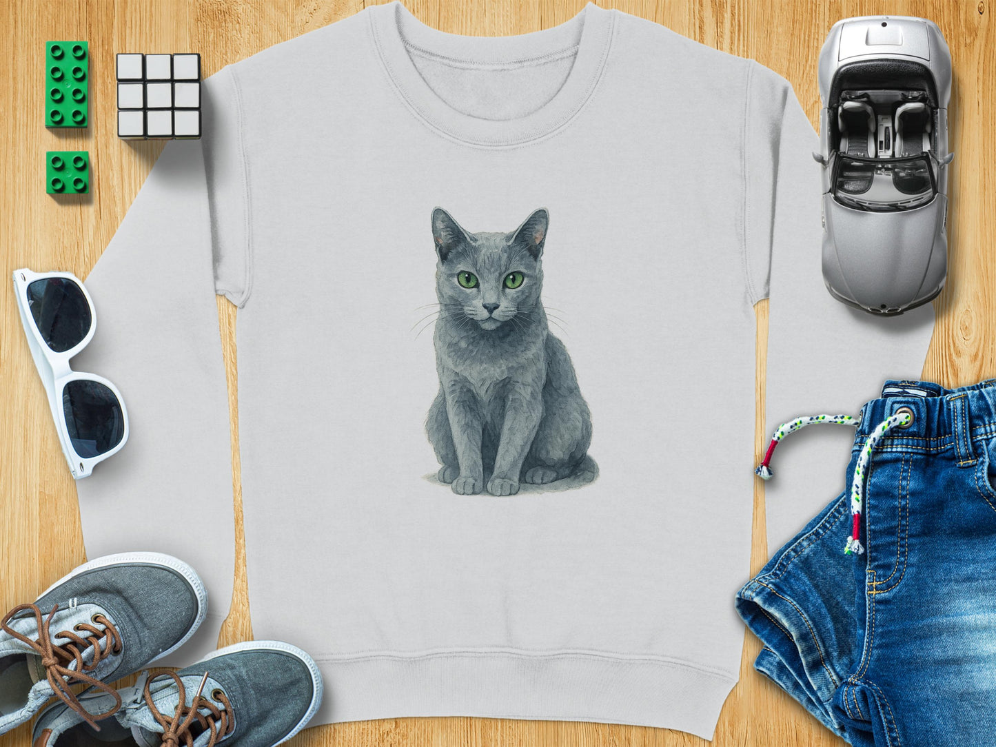 Cute Sitting Gray Cat Print on White Sweatshirt product type
