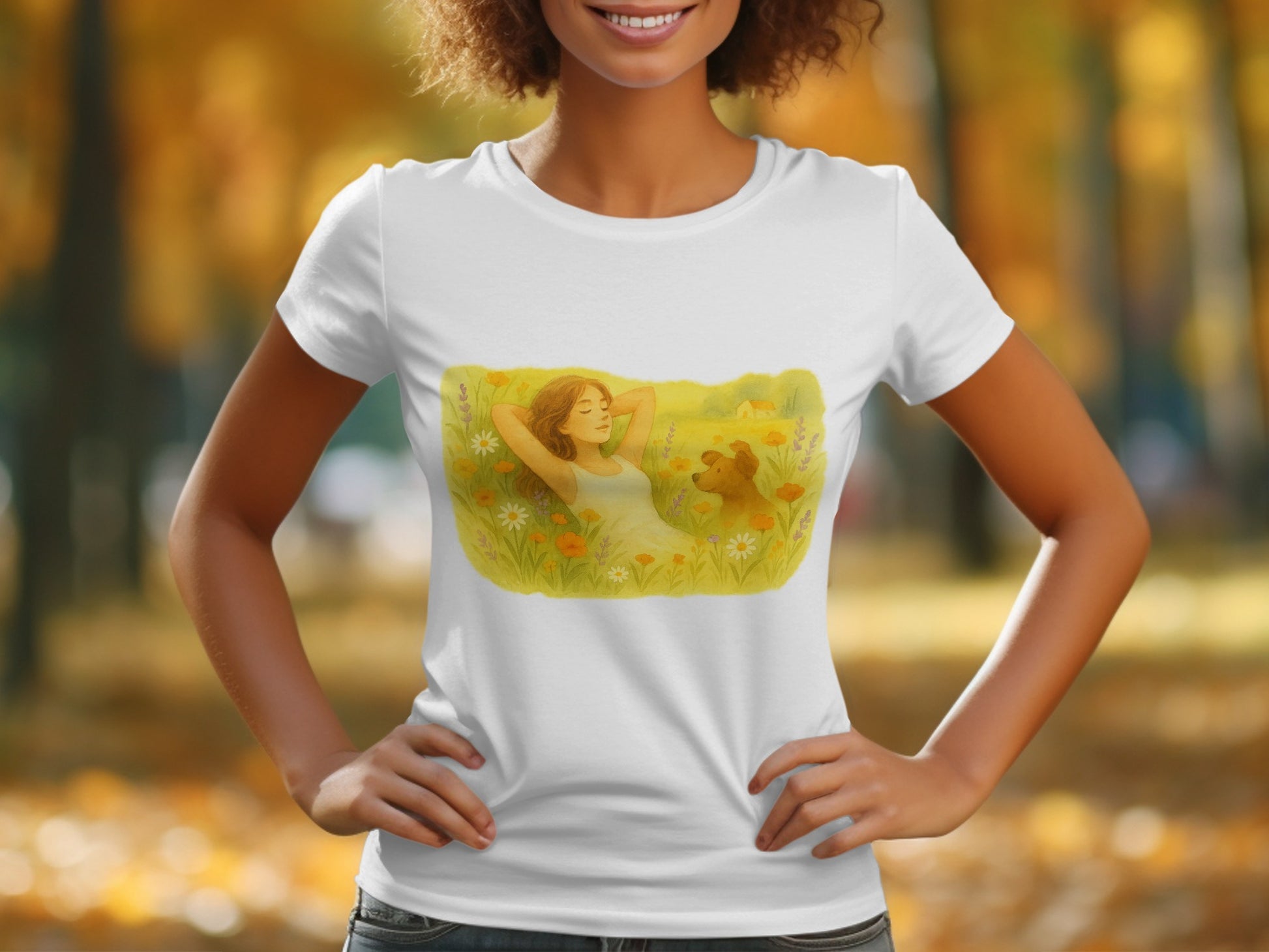 Woman Relaxing in Field with Dog T-shirt product
