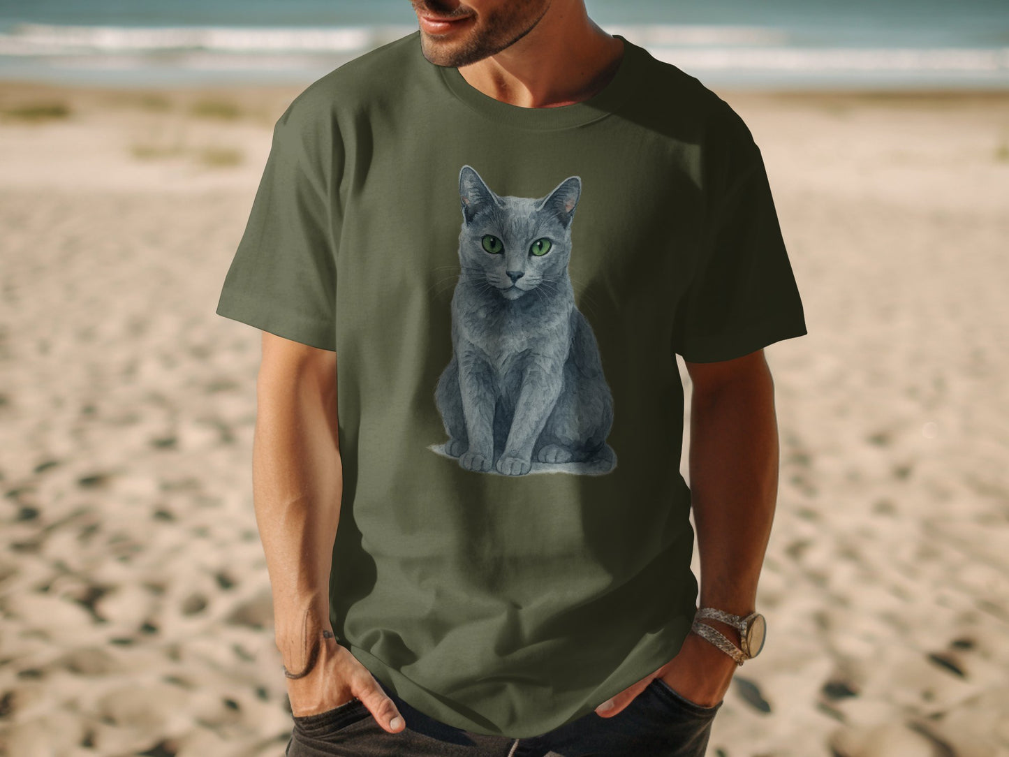 Green T Shirt with Grey Cat Graphic Design product