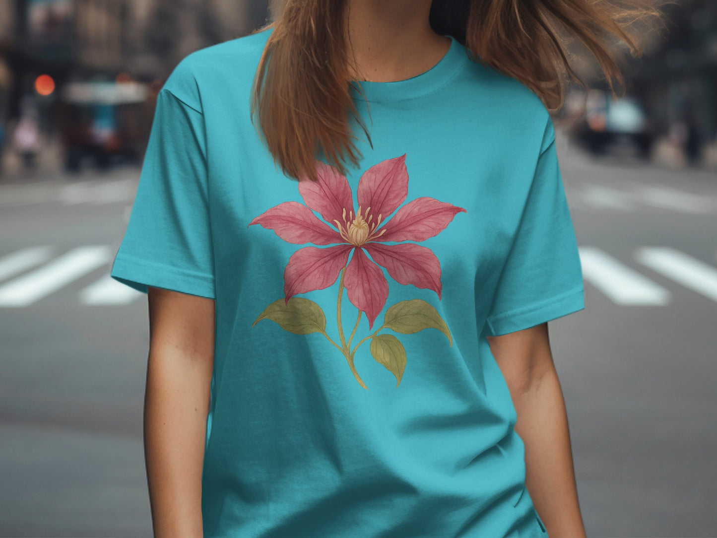 Blue T Shirt with Large Pink Flower Design shirt product