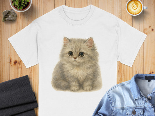 Cute Fluffy Kitten Design on White Shirt product type