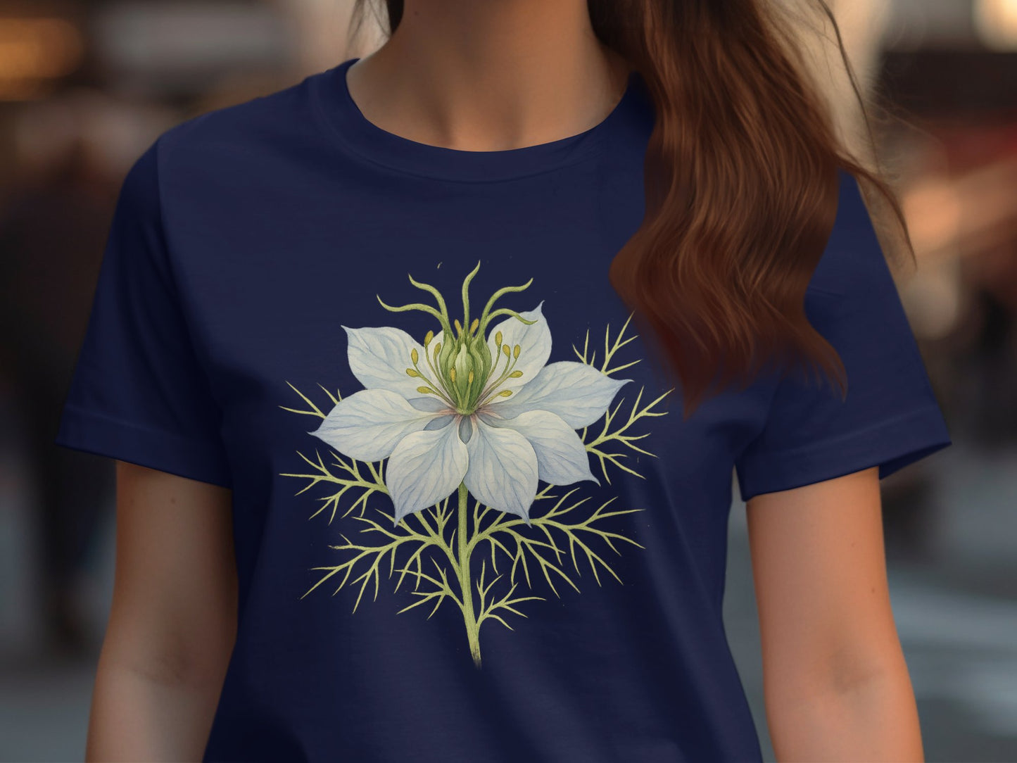 White Flower Navy Blue Botanical Art Design Shirt Product