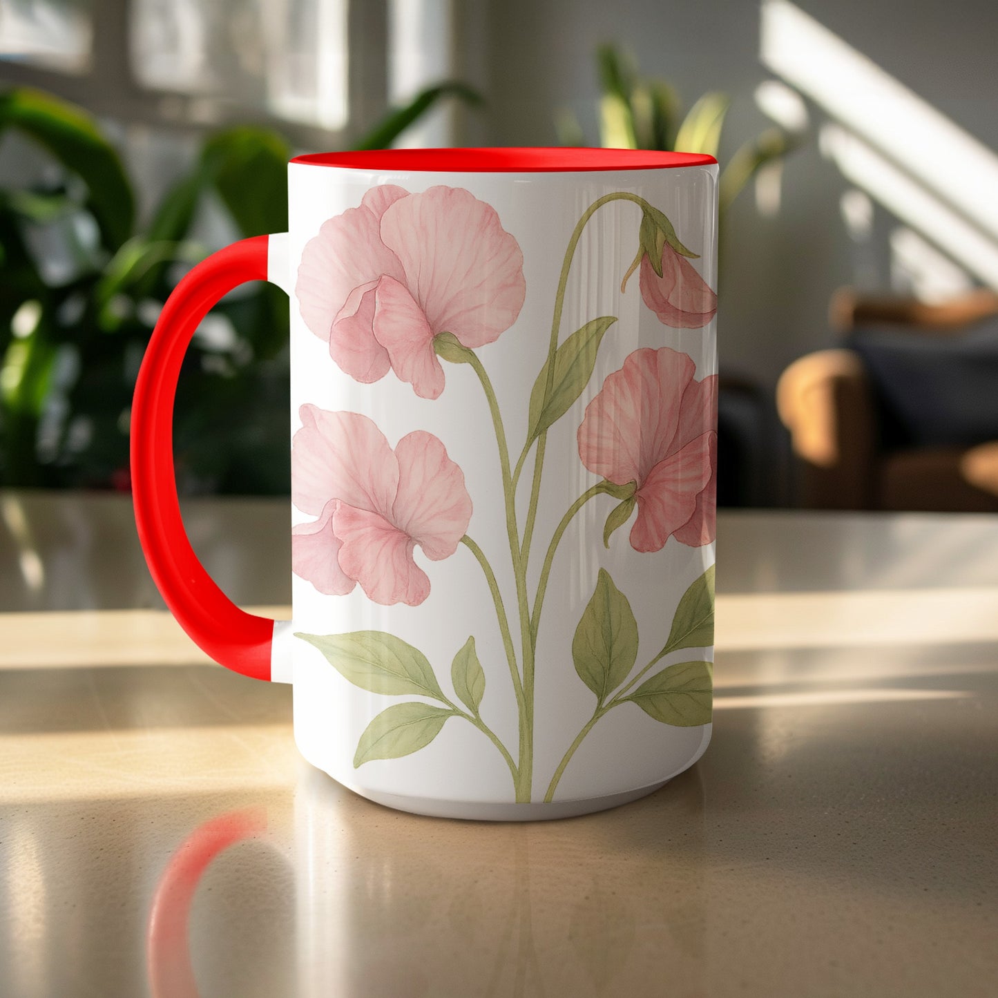 Beautiful Pink Floral Design Red Accent Mug product