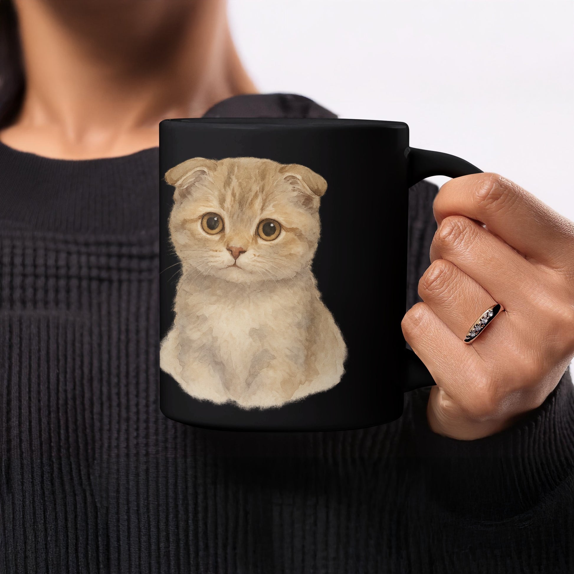 Adorable Fluffy Kitten Artwork on Black Mug product type