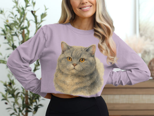 Cute Gray Cat Print Purple Long Sleeve Shirt product