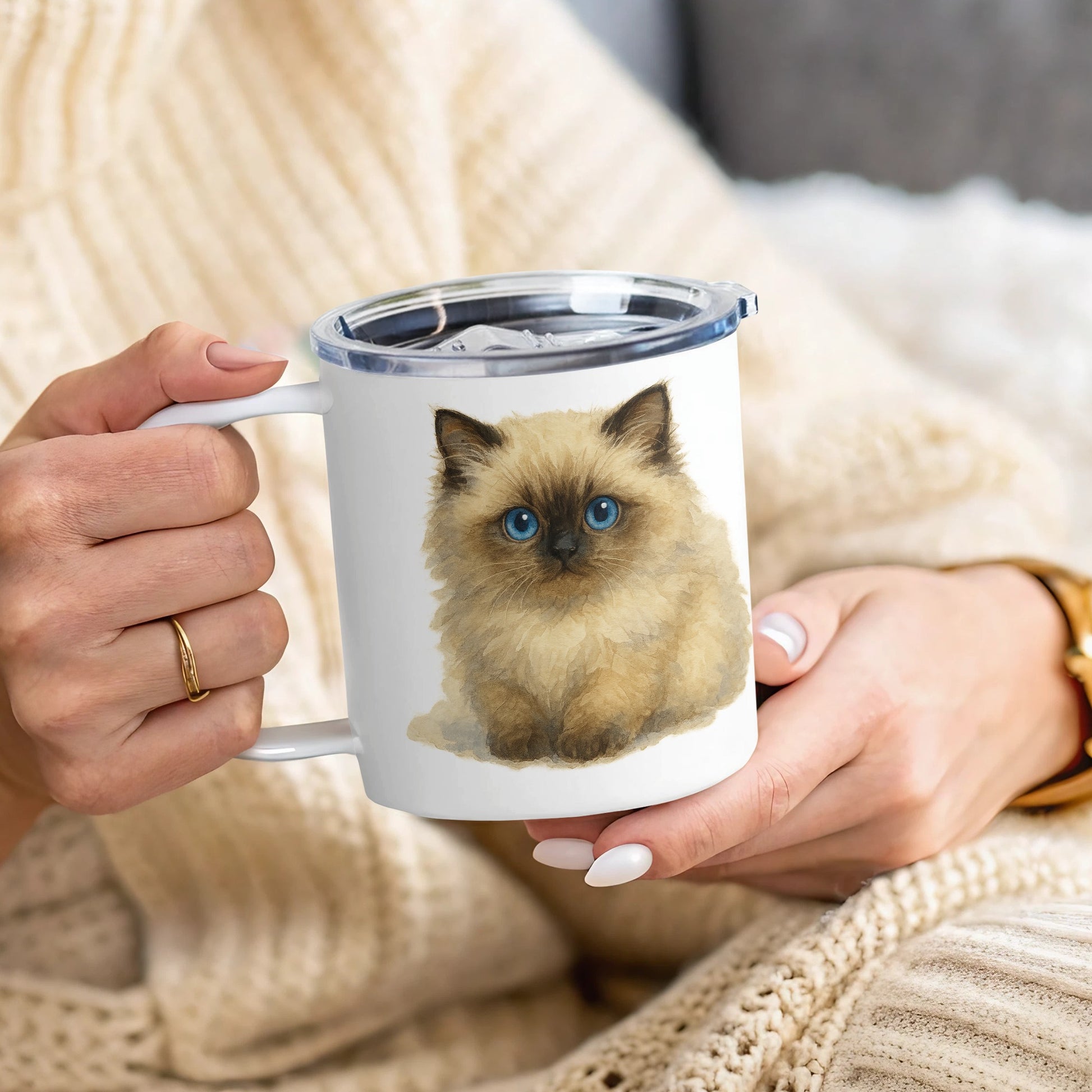 Adorable Blue-Eyed Cat Print Ceramic Coffee Mug product