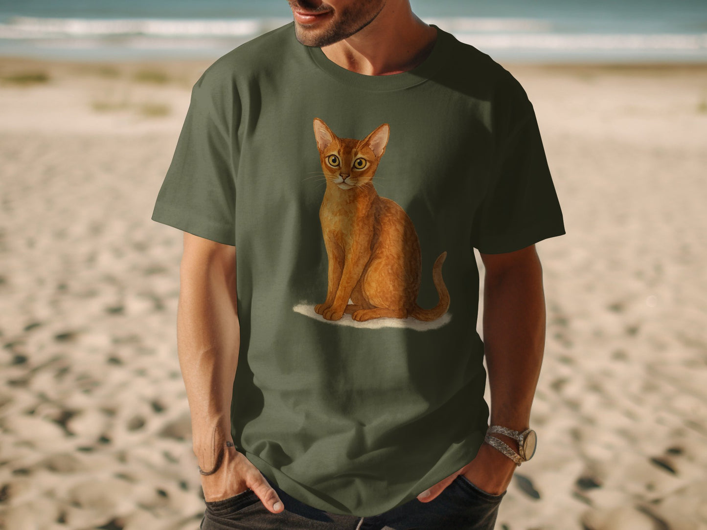 Stylish Olive Green T-shirt Featuring Cute Cat product type