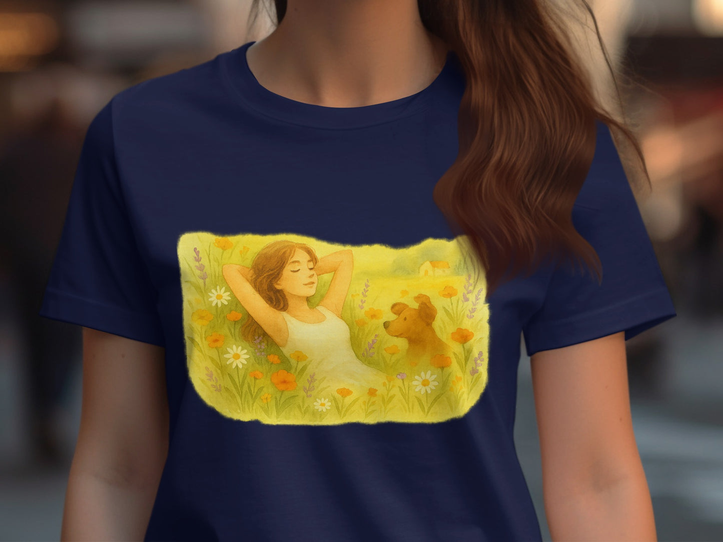 Relaxing Girl with Dog in Meadow Graphic Tee product