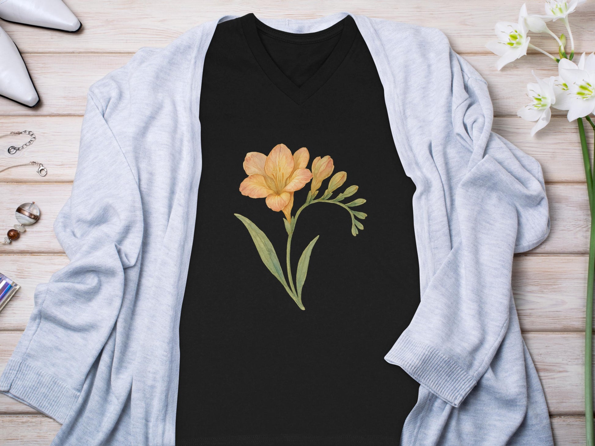 Floral Illustration Print on Black V-Neck Shirt product