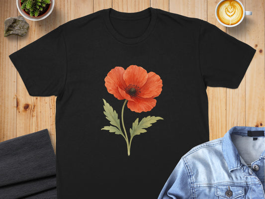 Red Poppy Flower Graphic Print Black T-Shirt product type