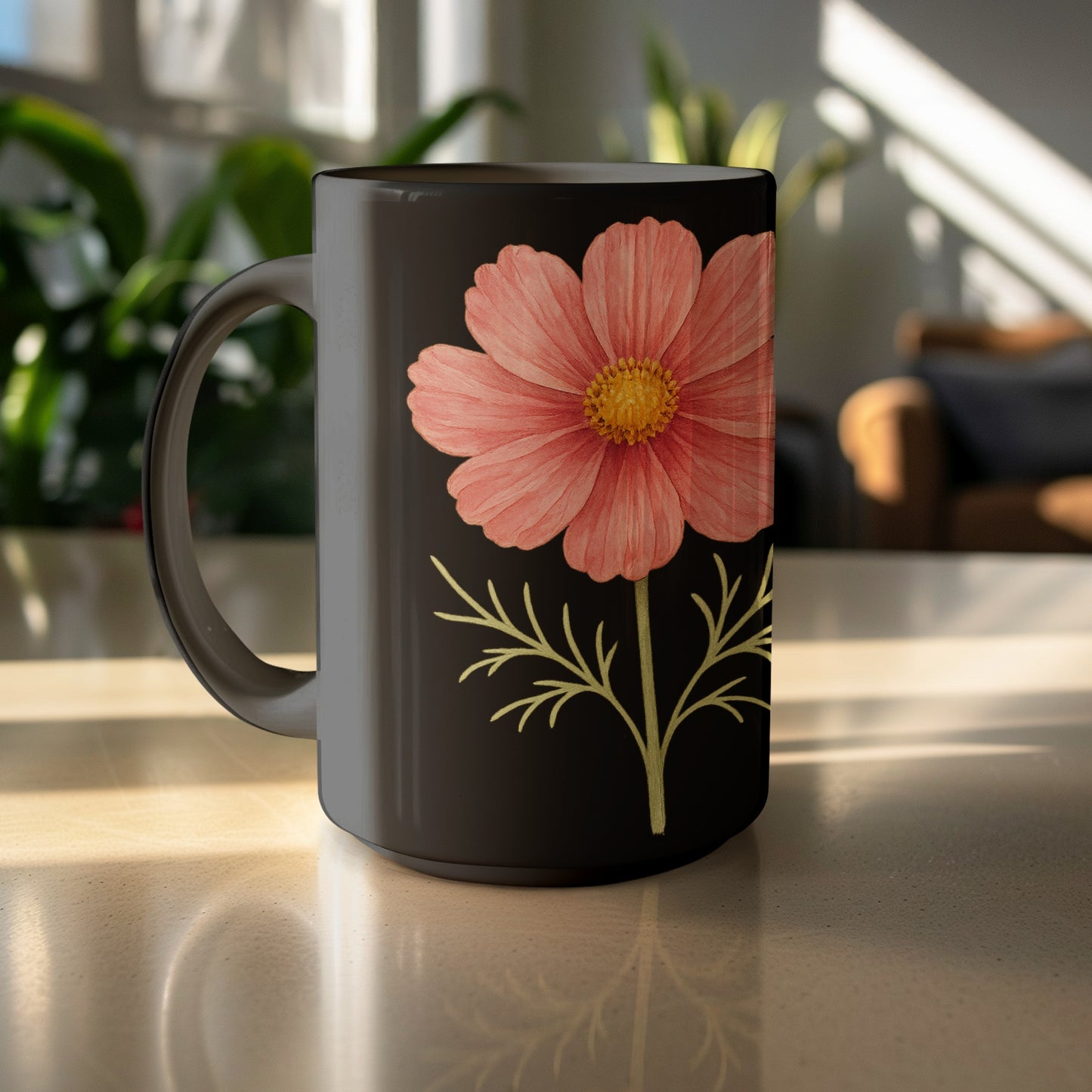 Pink Flower Illustration on Black Mug product
