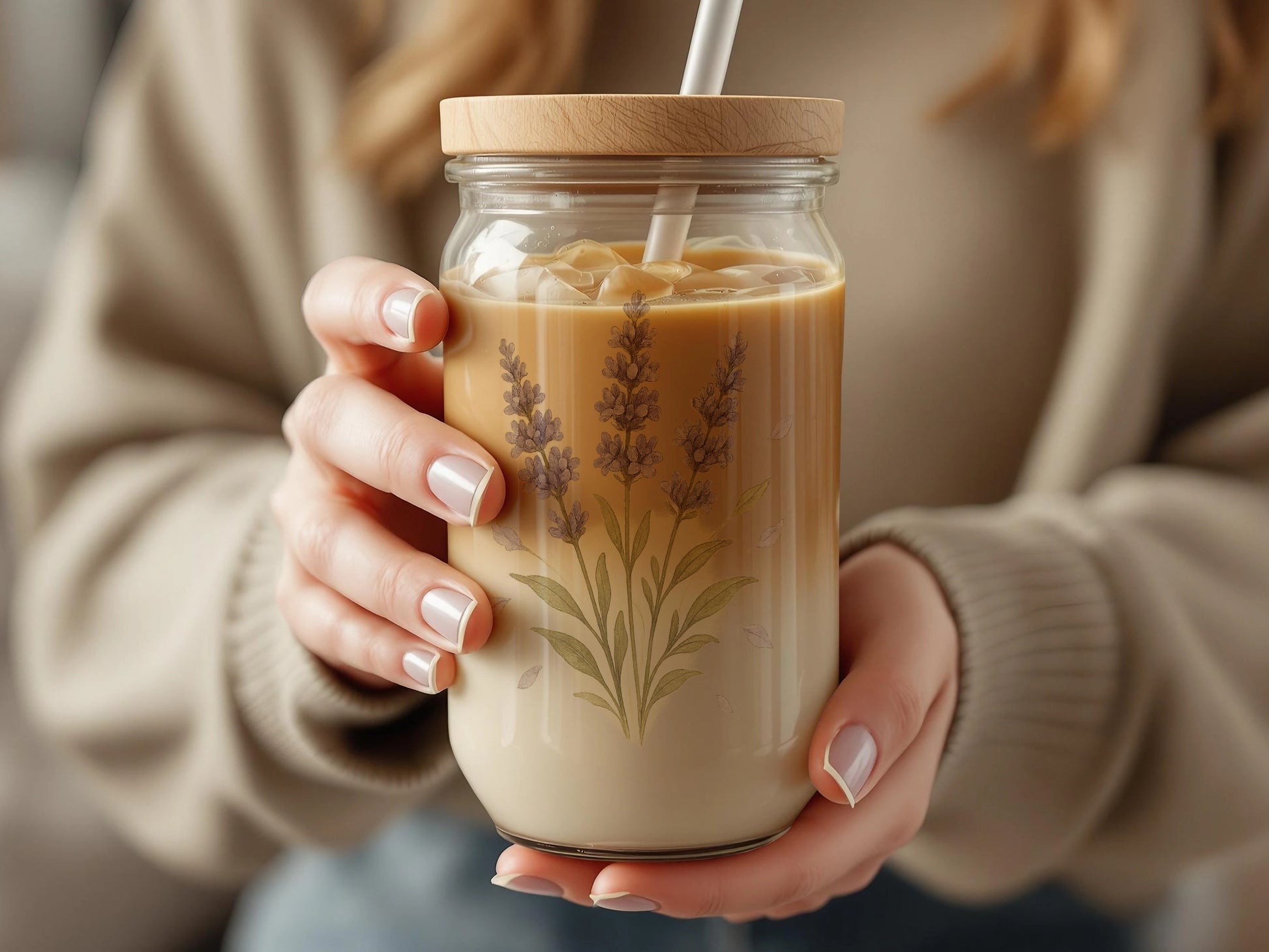 Beautiful Lavender Design Glass Jar with Straw product