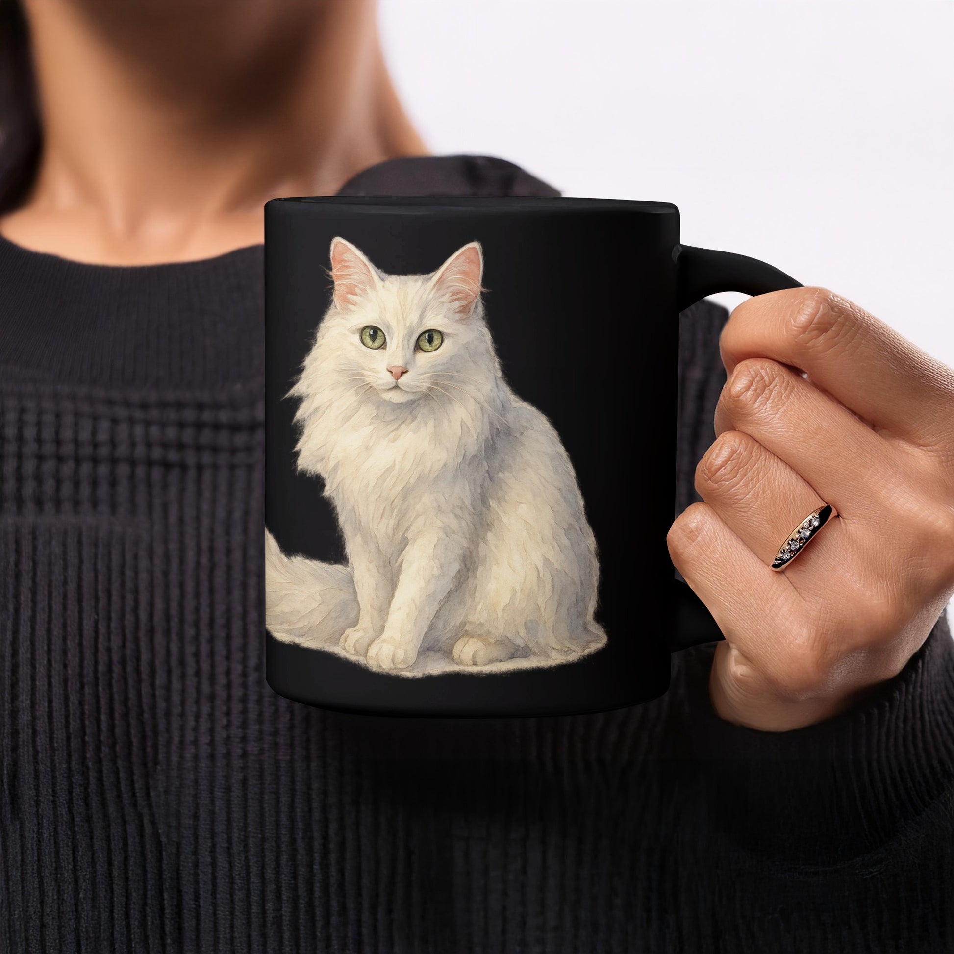 Realistic White Cat Artwork Black Coffee Mug product