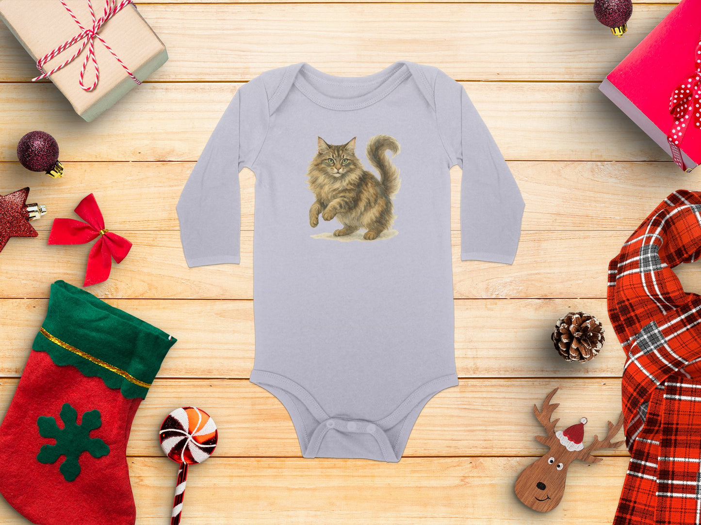 Cute Cat Design Long Sleeve Baby Onesie Festive Product Type