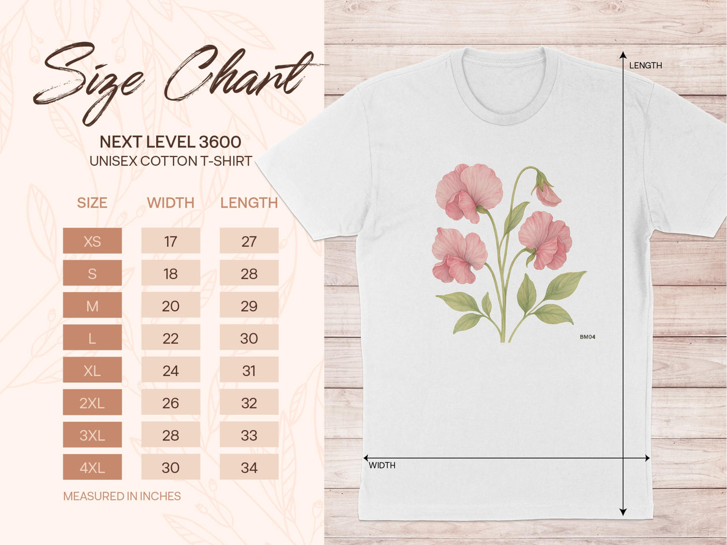 Floral Print Unisex T-Shirt with Size Chart product type