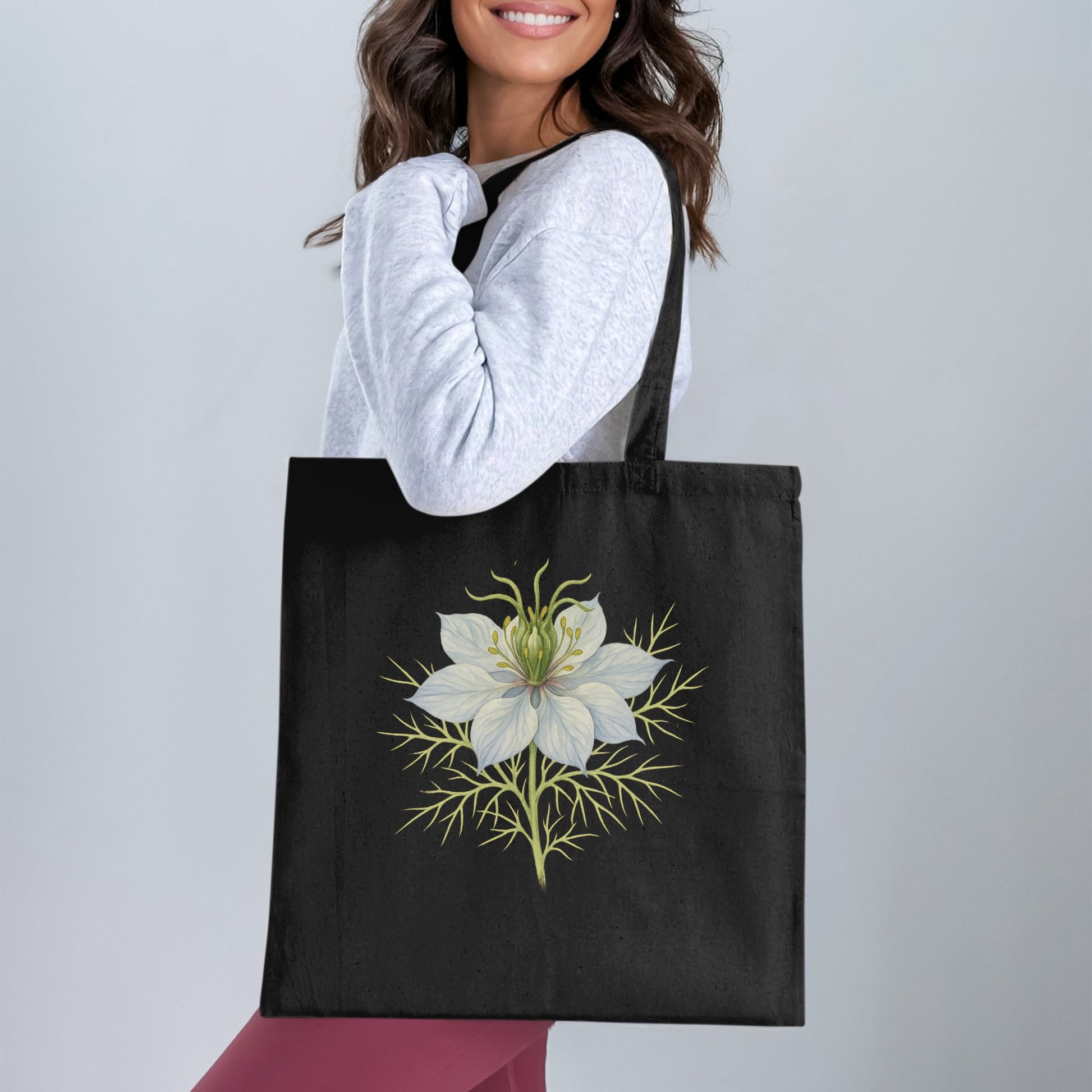Stylish Black Tote Bag with Detailed Flower Design product type
