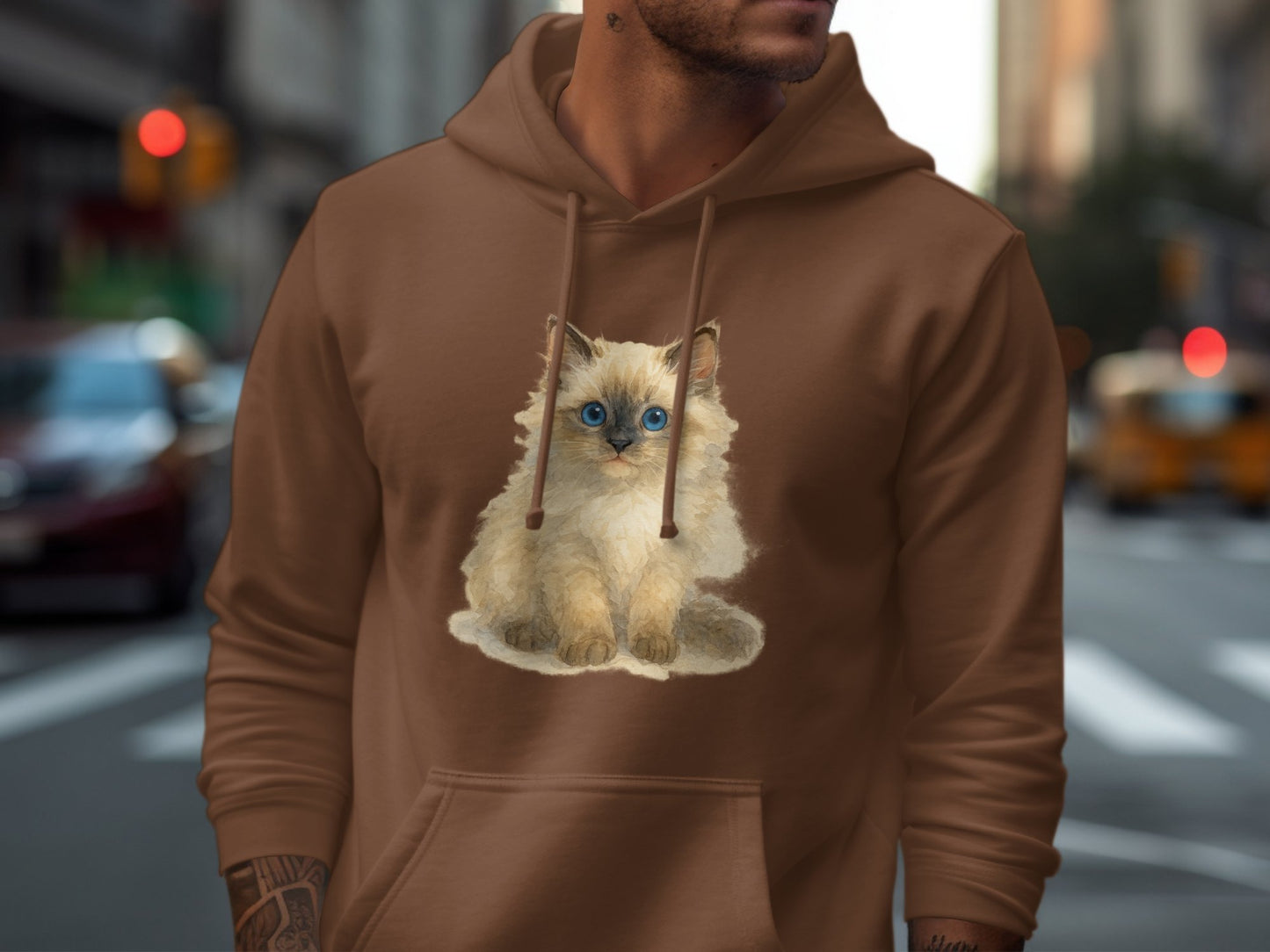 Adorable Blue Eyed Cat Print Brown Hoodie product