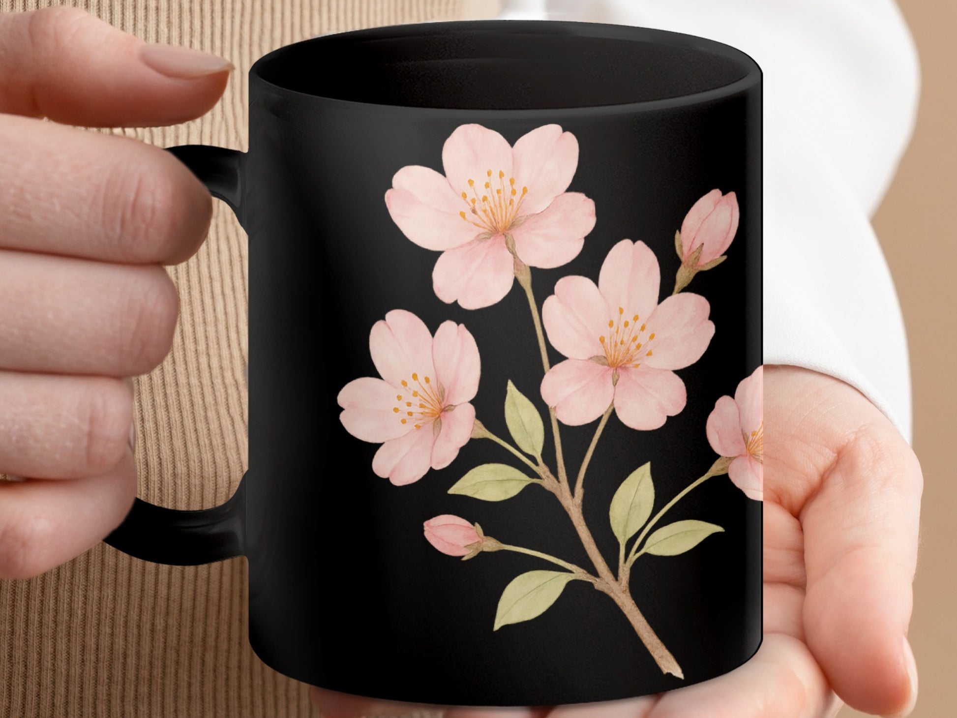 Black Mug with Pink Blossom Floral Design product type