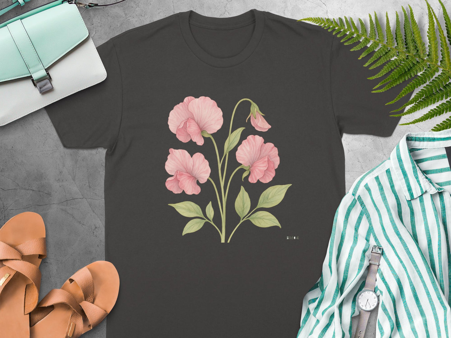 Pink Flower Pattern on Black T-shirt product type