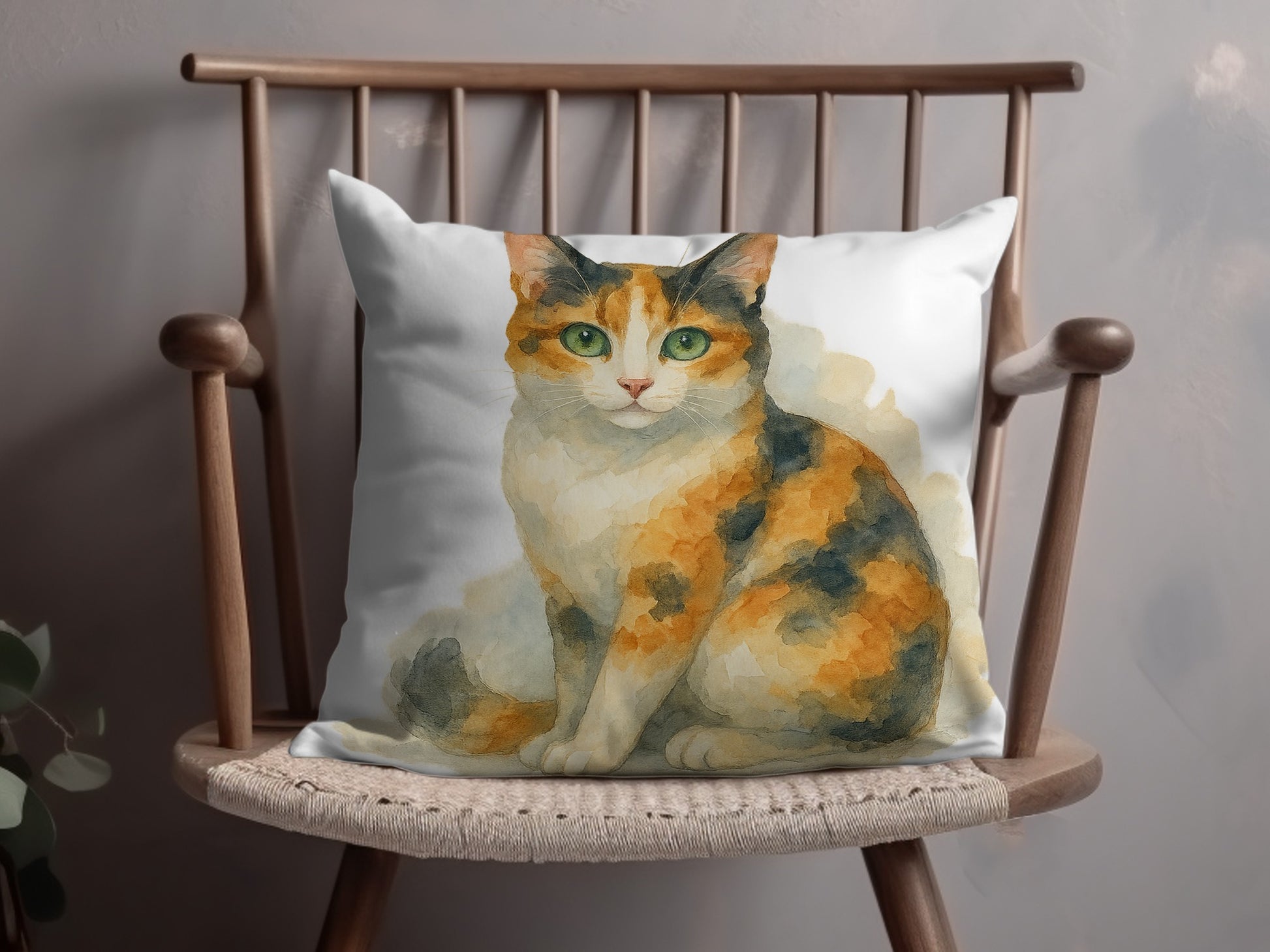Calico Cat Illustration on White Decorative Pillow product