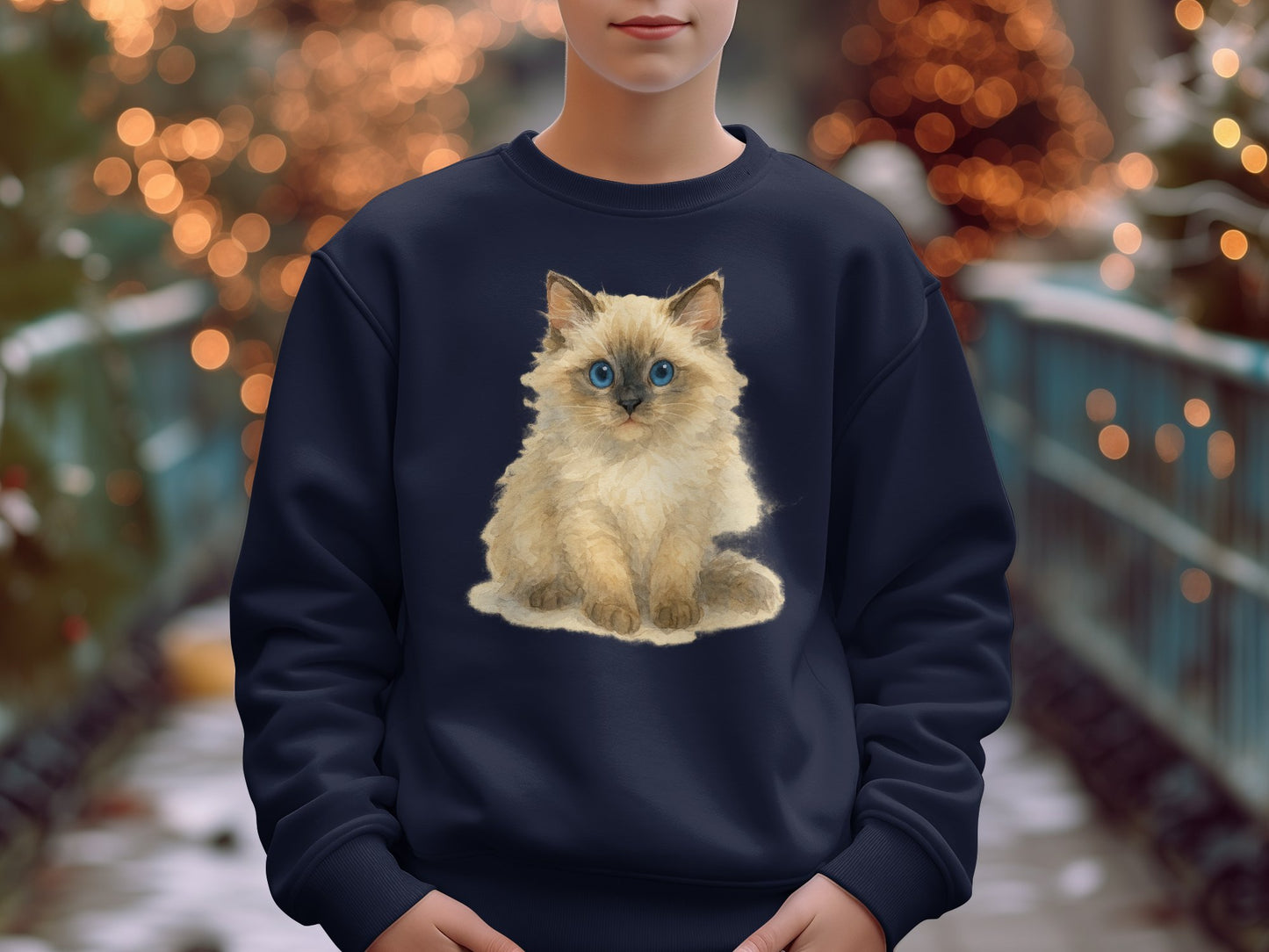Fluffy Blue-Eyed Kitten on Navy Background Sweatshirt product