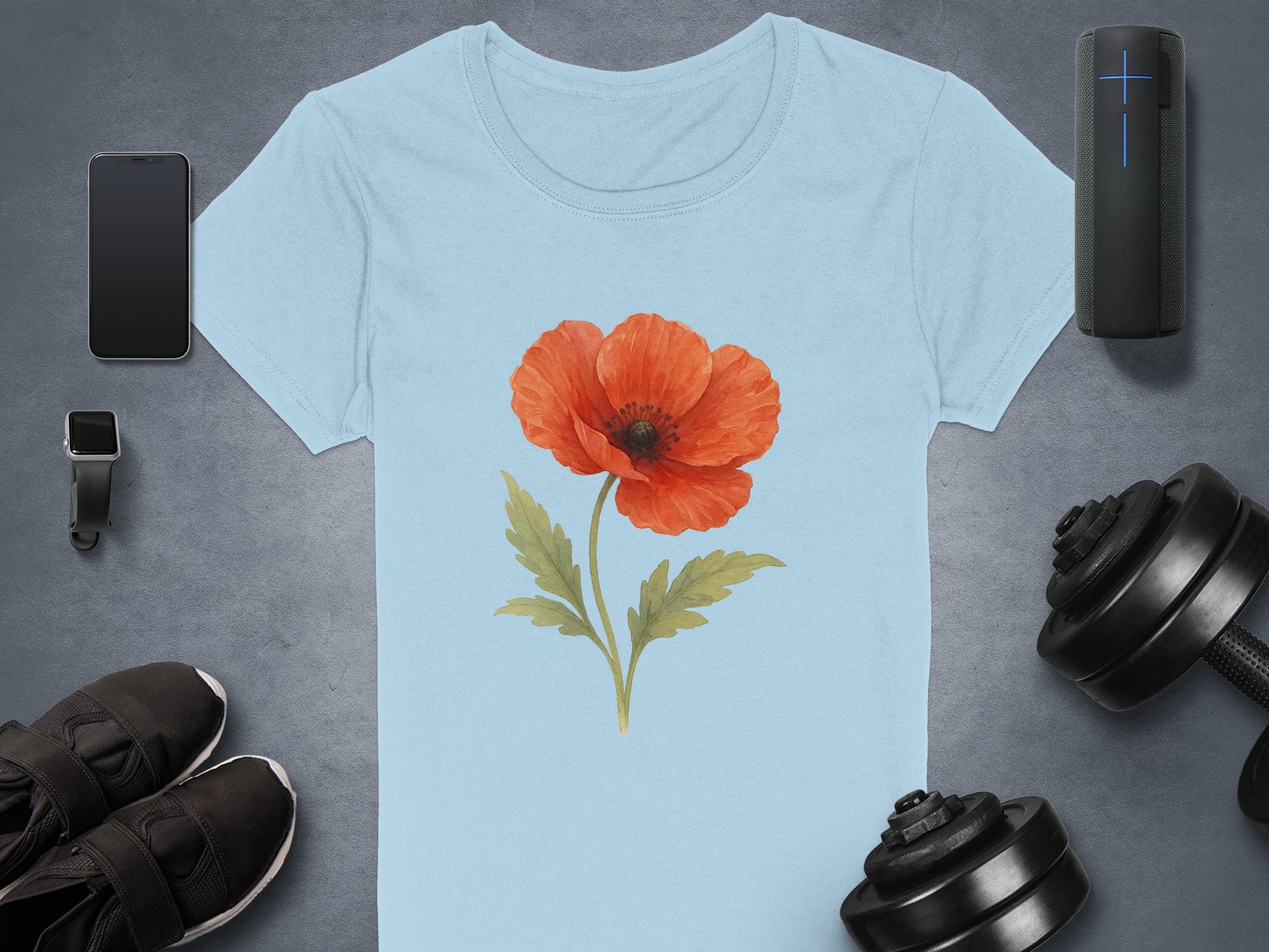 Red Poppy Flower Design on Light Blue T-Shirt product