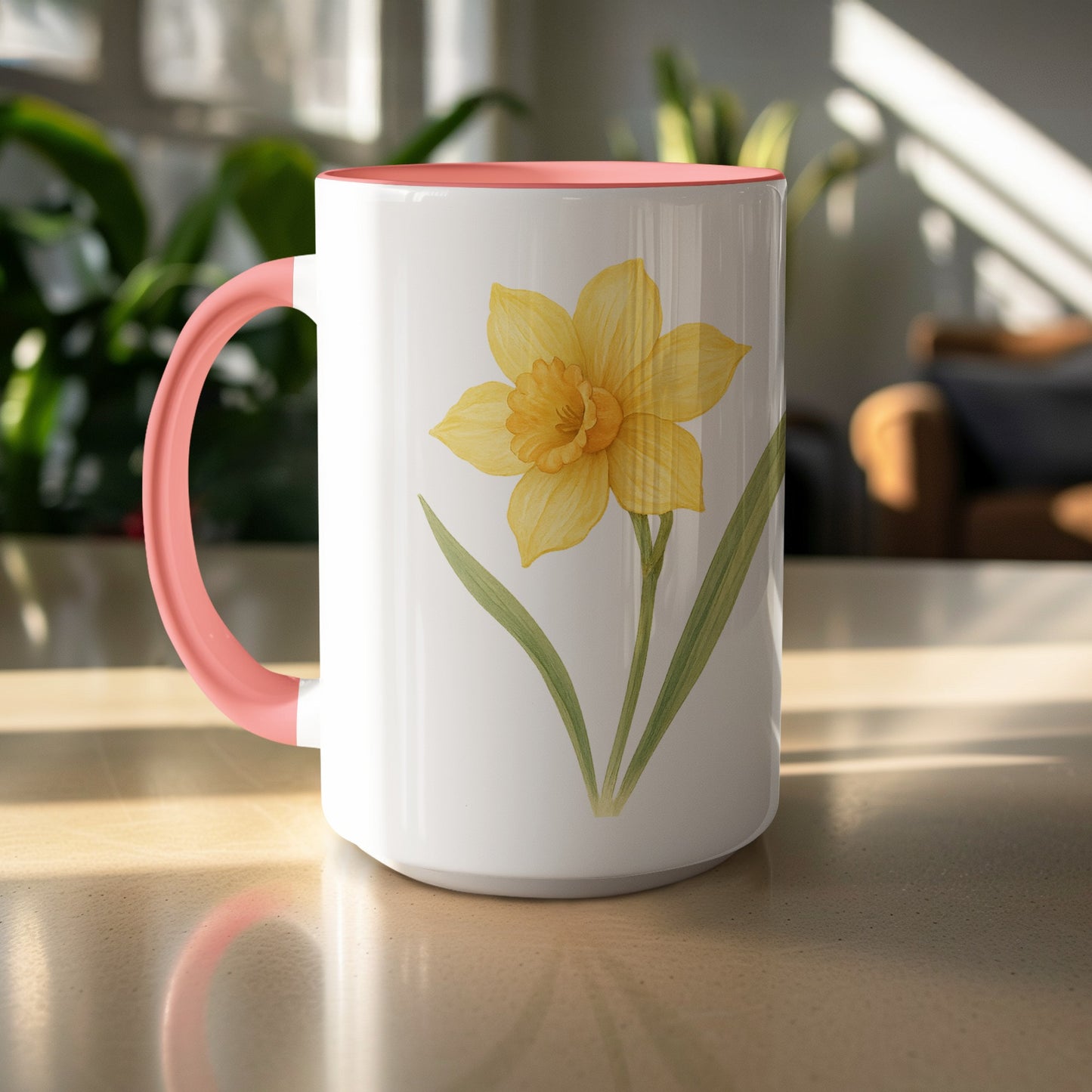 Yellow Daffodil Print White and Pink Accent Mug product