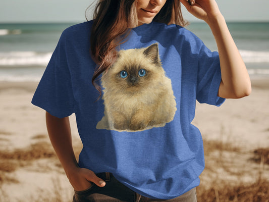 Cute Fluffy Kitten Illustration on Blue Graphic T-Shirt Product